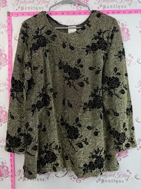 Style studio long sleeve shiny Metallic Gold Floral Burnout Long Sleeve Top